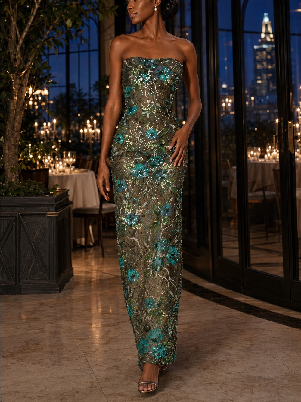 Bronx and Banco NWOT Strapless Sequin Floral Maxi Dress - Teal & Olive
